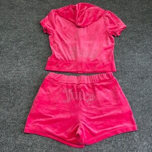 Juicy Couture Velour Tracksuit Set Pink Rhinestone Hoodie Shorts M Y2K
